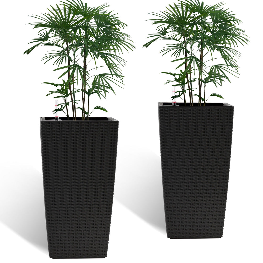 Elegant Square Planter With Automatic Watering System, Faux Rattan Design, Polypropylene (Set of 2) - Black