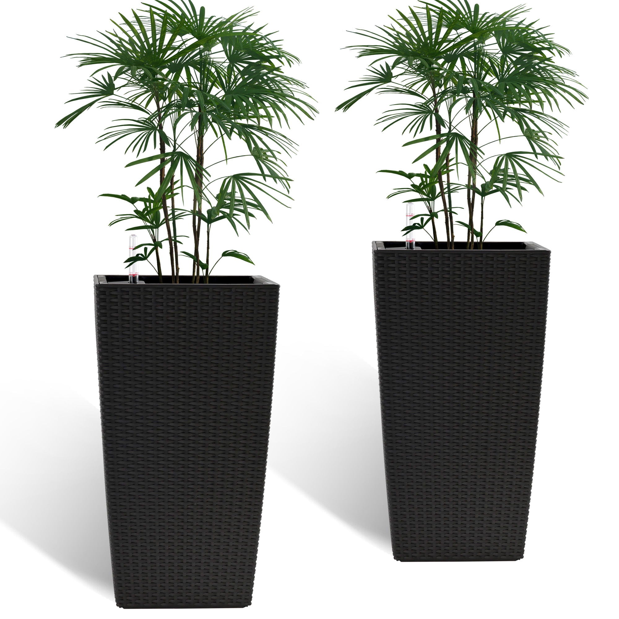 Elegant Square Planter With Automatic Watering System, Faux Rattan Design, Polypropylene (Set of 2) - Black