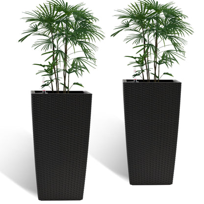 Elegant Square Planter With Automatic Watering System, Faux Rattan Design, Polypropylene (Set of 2) - Black