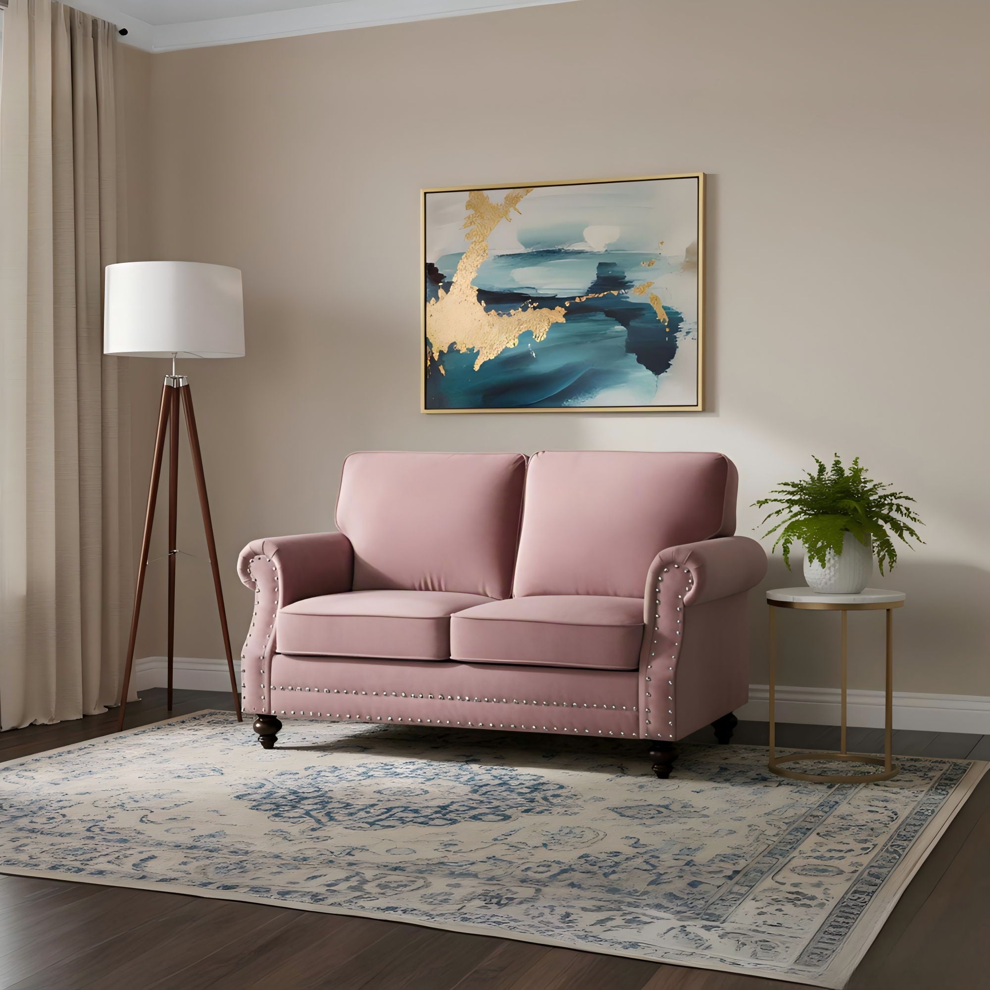 Loveseat Sofa With Nailhead Detail &amp; Turned Legs, 2 Seater Upholstered Couch