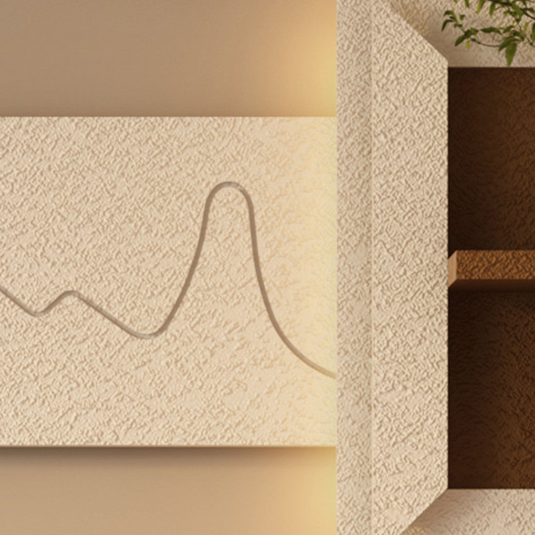 3D LED Sandstone Wall Decor With Simulated Plants, Glass Vase &amp; Remote Control - Light Coffee