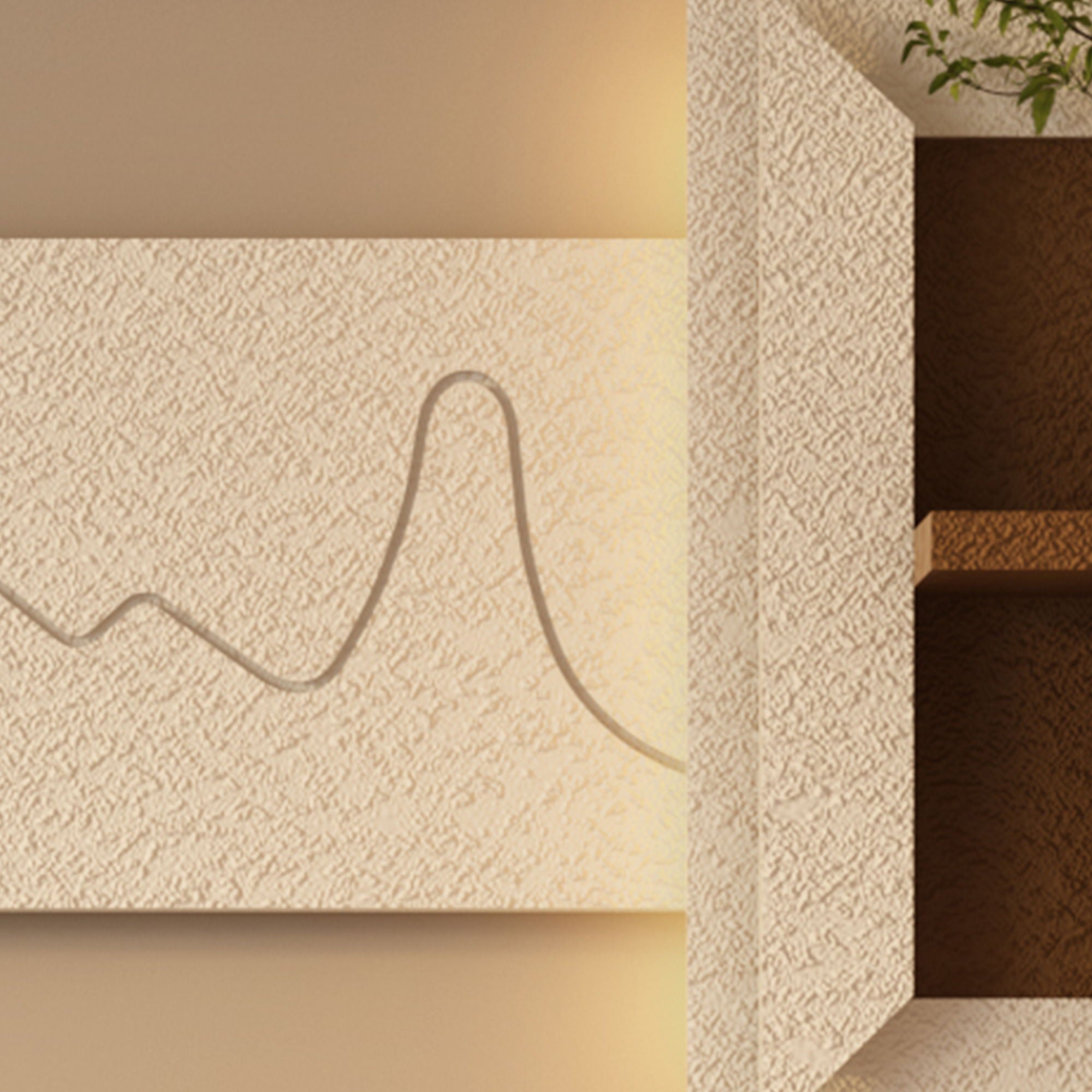 3D LED Sandstone Wall Decor With Simulated Plants, Glass Vase &amp; Remote Control - Light Coffee