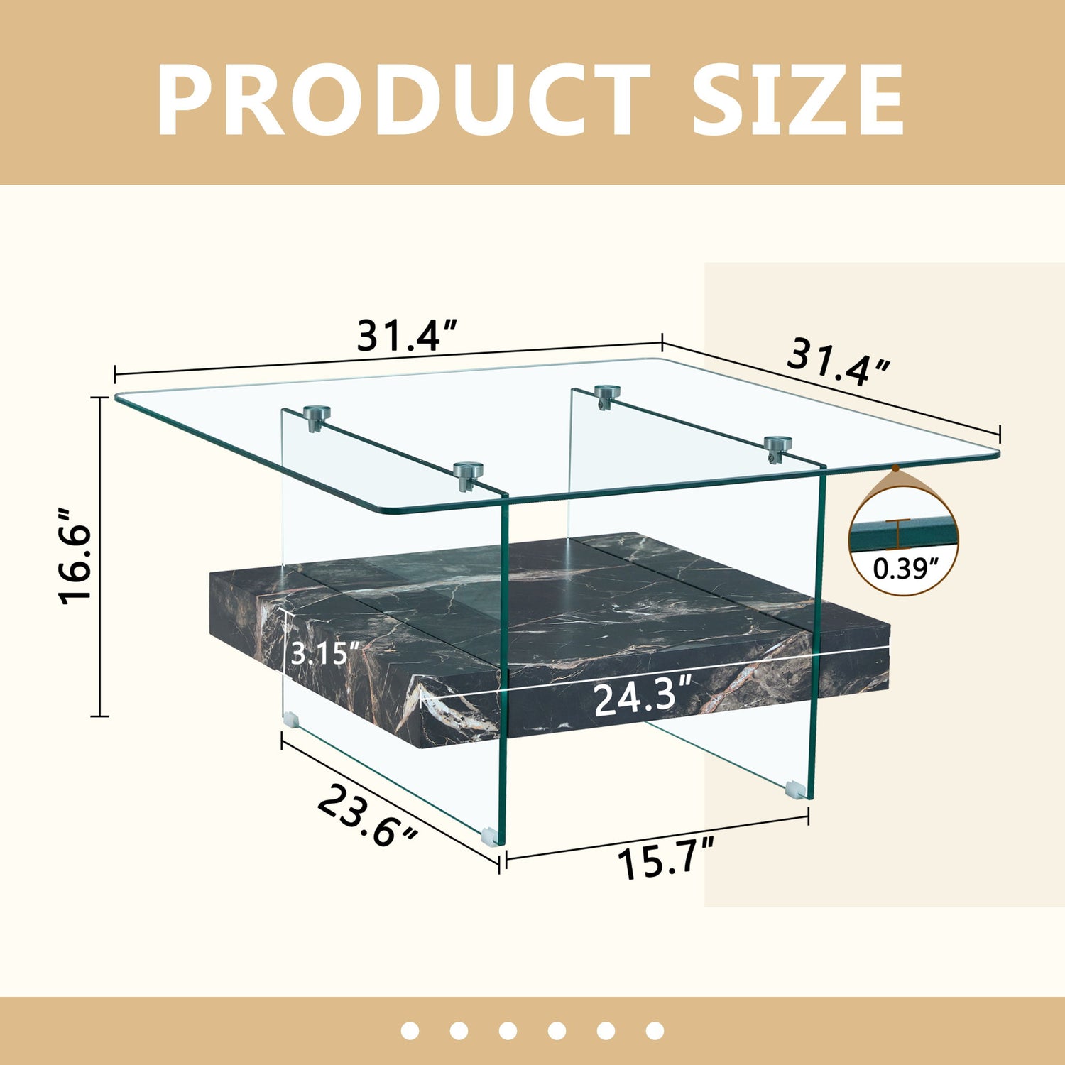 Modern 2 Tier Square Coffee Table, Elegant Marble Pattern