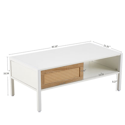 40.16&quot; Rattan Coffee Table, Sliding Door For Storage, Metal Legs, Modern Table For Living Room