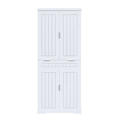 Farmhouse Style Pantry Cabinet With Drawer 2 Cabinets &amp; 6 Door Shelves Adjustable Shelves Freestanding Cupboard - White