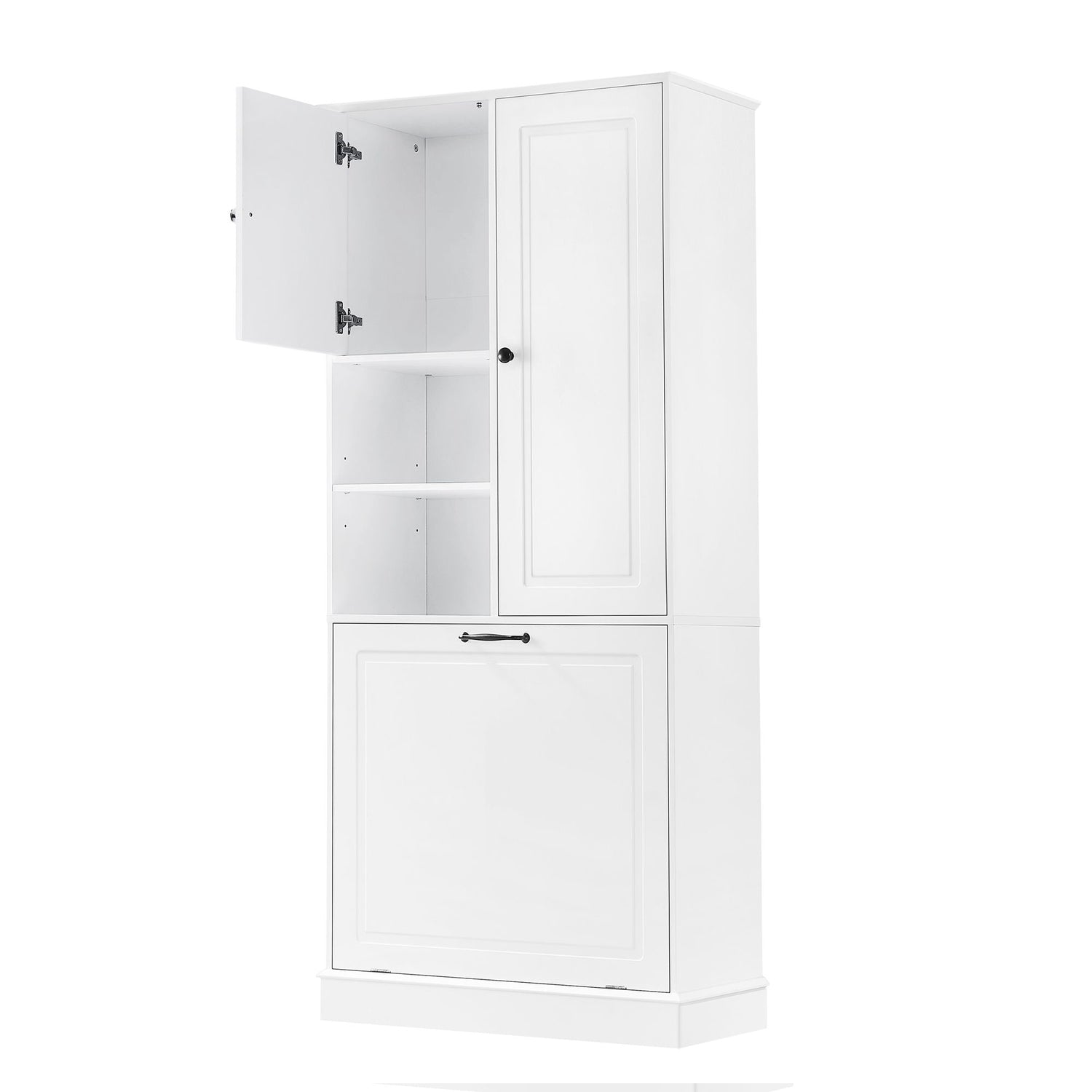 Modern Tall Storage Cabinet With Adjustable Shelves, Flip-Out Basket &amp; Enclosed Doors