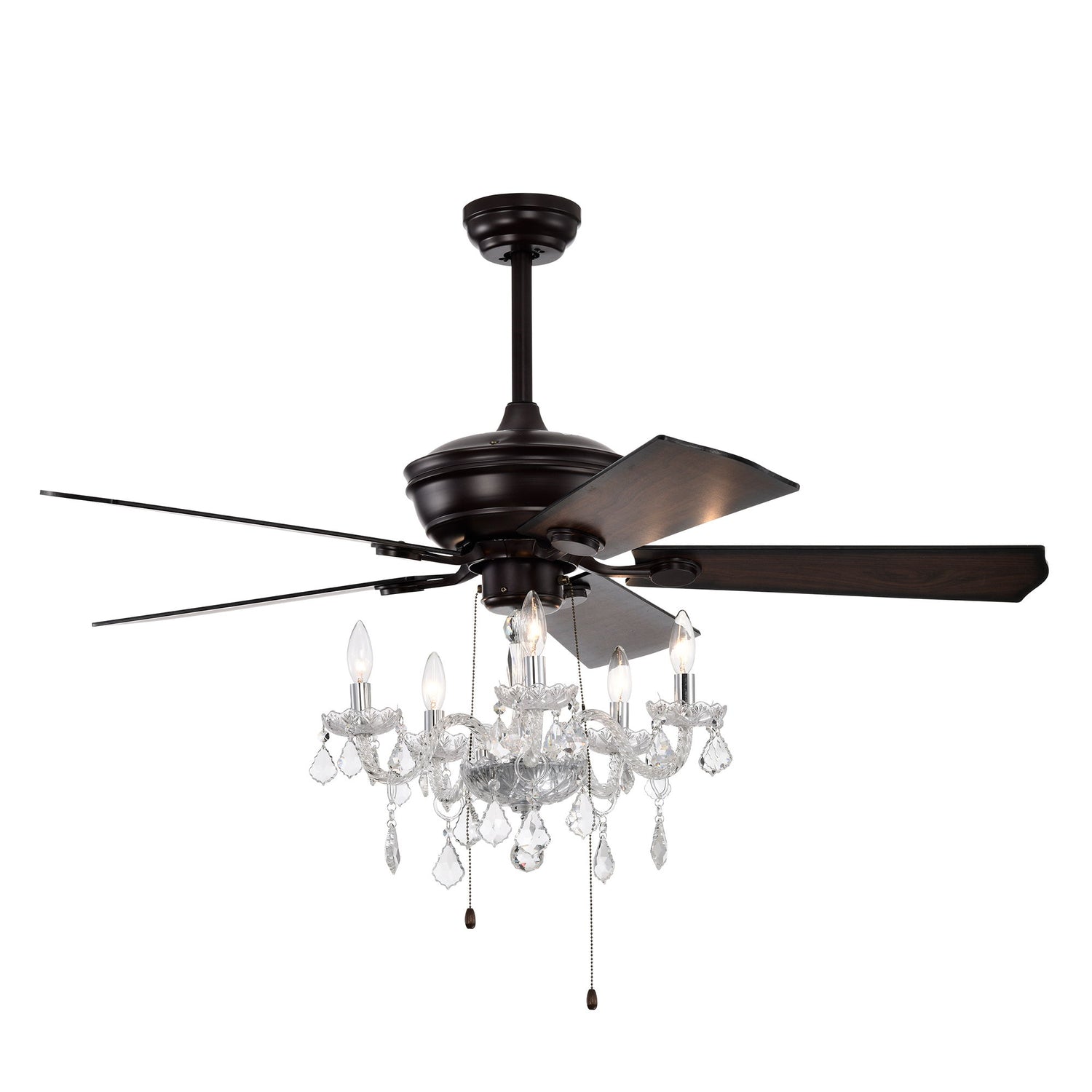 52&quot; Crystal Shade Ceiling Fan Lamp, 3 Speed, 4 Timing, 5 Reversible Blades Crystal Ceiling Fan, 5 Pieces X E12 (No Include Bulb), Hand Pull Chain - Matte Black