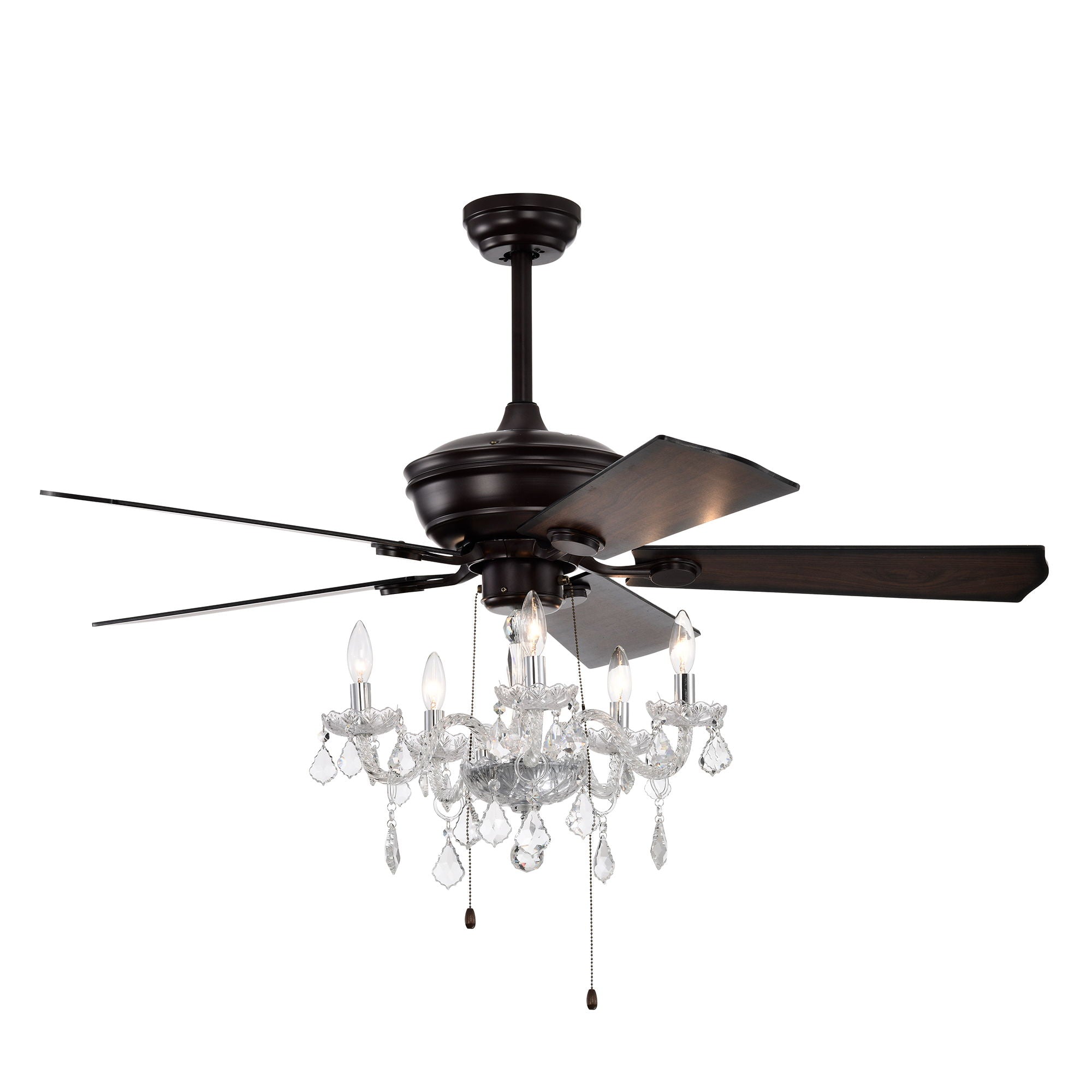 52&quot; Crystal Shade Ceiling Fan Lamp, 3 Speed, 4 Timing, 5 Reversible Blades Crystal Ceiling Fan, 5 Pieces X E12 (No Include Bulb), Hand Pull Chain - Matte Black