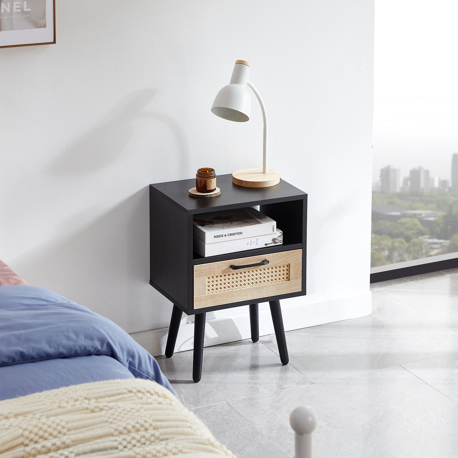 15.75&quot; Rattan End Table With Drawer And Solid Wood Legs, Modern Nightstand, Side Table For Living Room, Bedroom