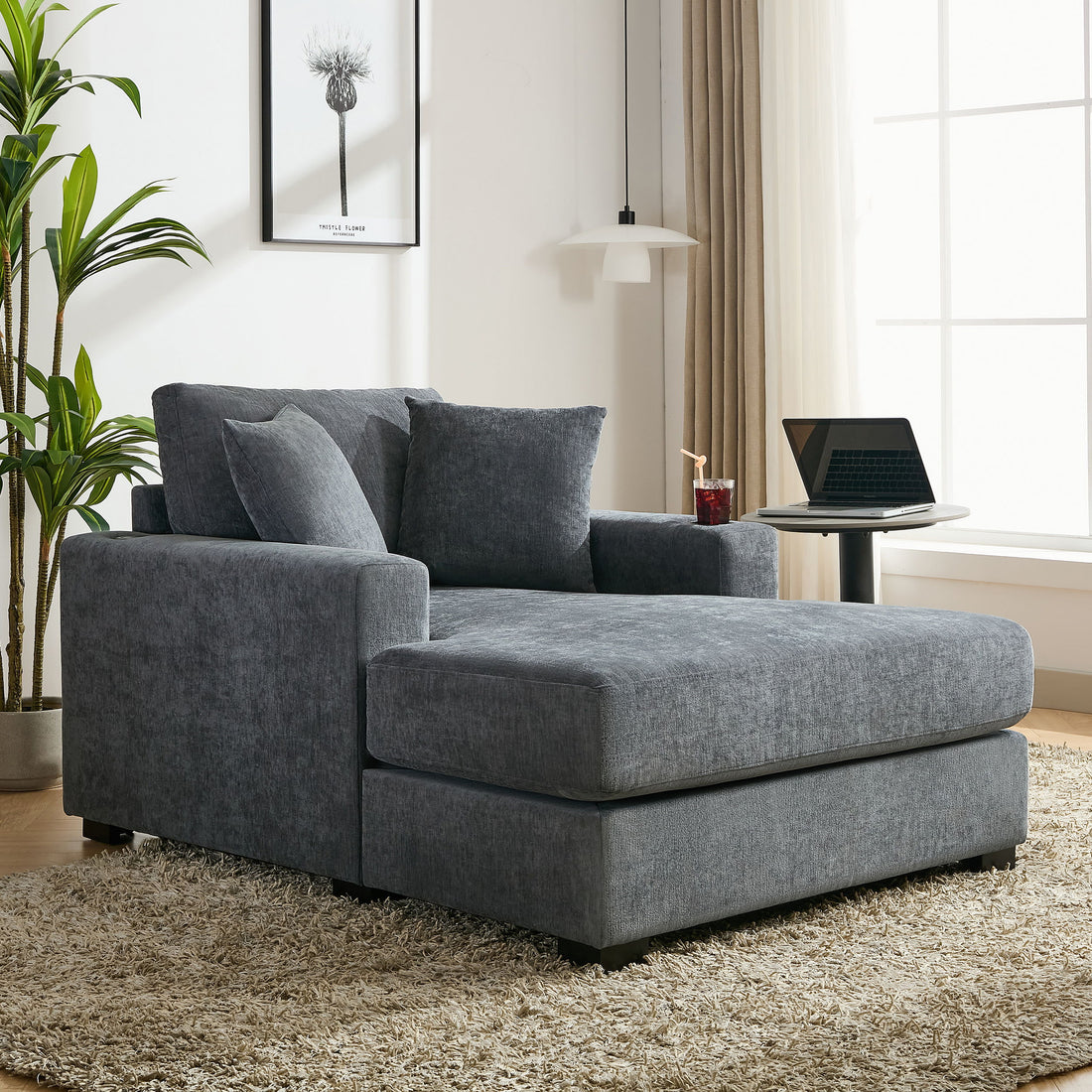 Oversized Chaise Lounger Modern Style Sofa Couch, With Pillows, Charge Station &amp; Cup Holders