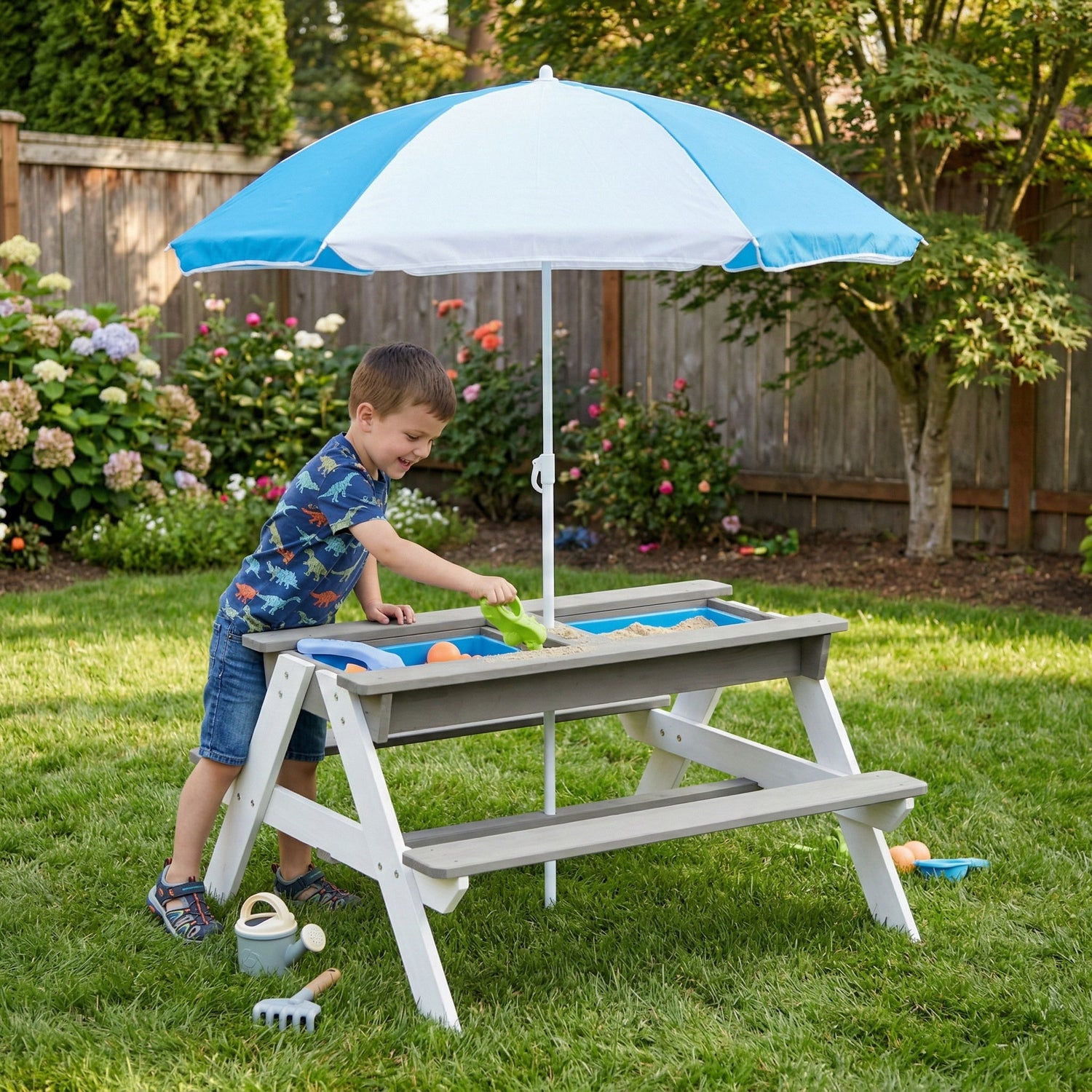 3-In-1 Kids Outdoor Wooden Picnic Table With Umbrella, Convertible Sand &amp; Water, ASTM &amp; CPSIA Certification