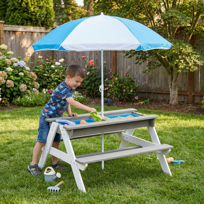 3-In-1 Kids Outdoor Wooden Picnic Table With Umbrella, Convertible Sand &amp; Water, ASTM &amp; CPSIA Certification