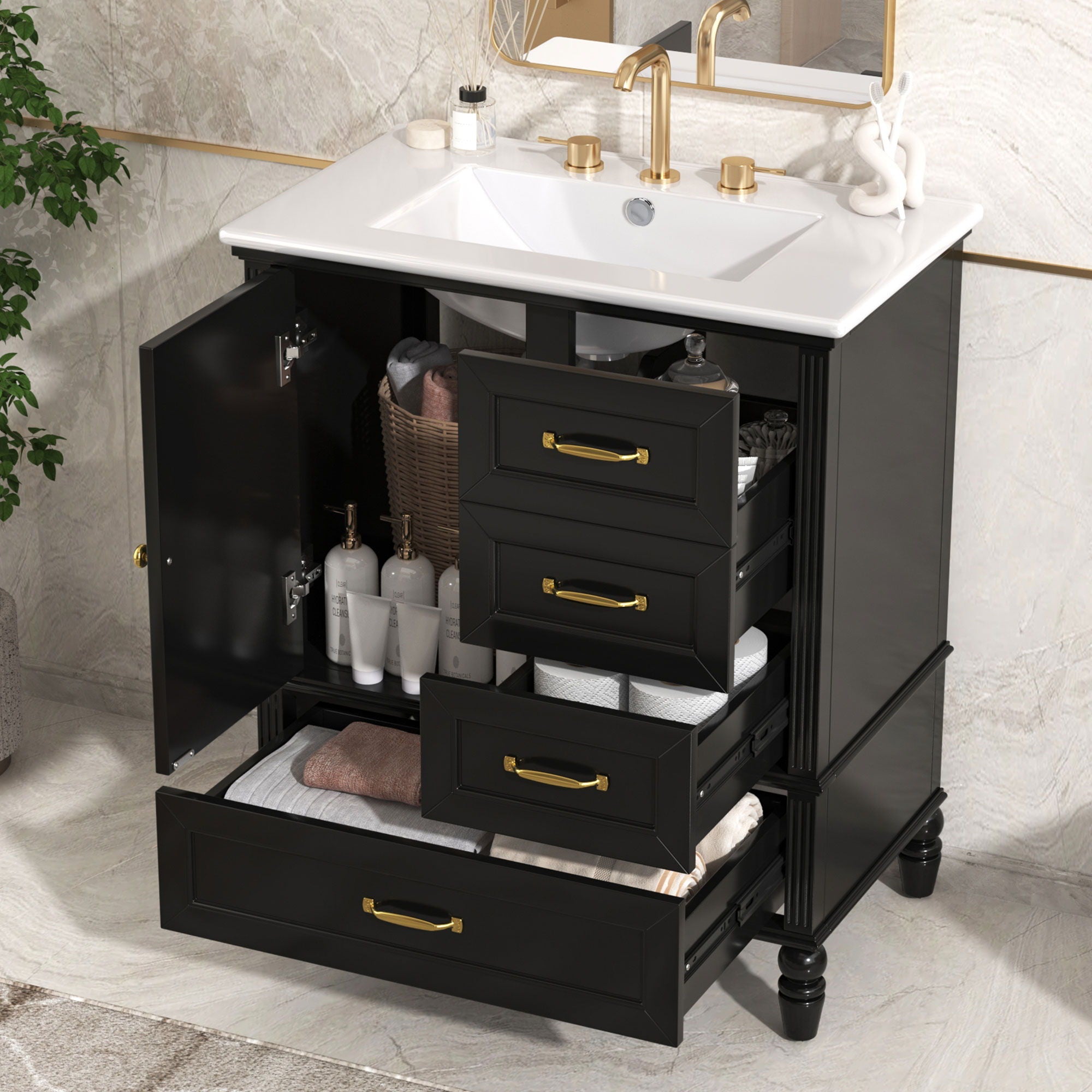 30&quot; Bathroom Vanity With Sink, 3 Drawers, Adjustable Feet