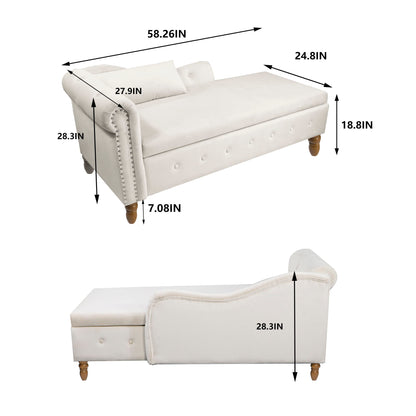 Chaise Lounge Indoor, Velvet Lounge Chair For Bedroom With Storage &amp; Pillow, Modern Upholstered Rolled Arm Chase Lounge For Sleeping With Nailhead Trim For Living Room Bedroom Office