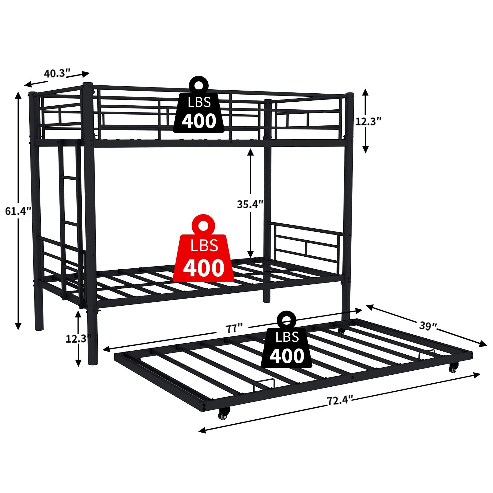 Metal Bunk Bed For Kids, Convertible Bedframe With Ladders &amp; Guardrail