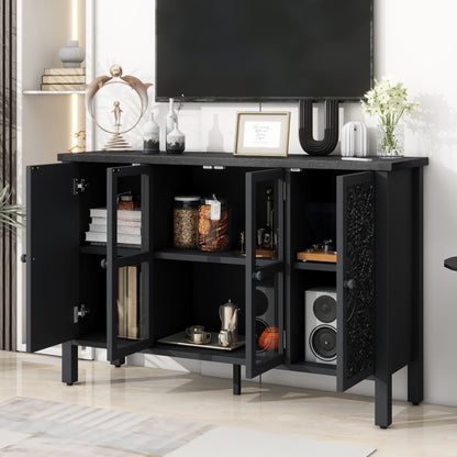 Retro TV Stand With 3 Spacious Cabinets, Glass Cabinet Doors And Anti-Tip Device