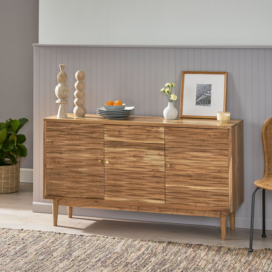 Boho Handcrafted 3 Door Sideboard, Carved Texture &amp; Artisanal Charm - Natural