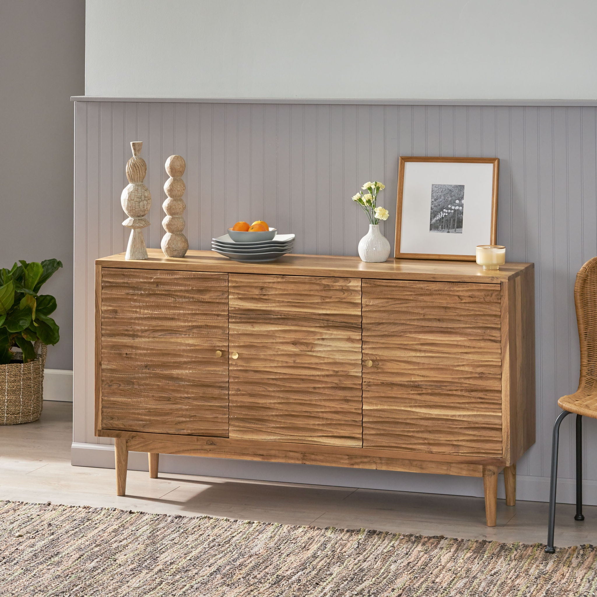 Boho Handcrafted 3 Door Sideboard, Carved Texture &amp; Artisanal Charm - Natural