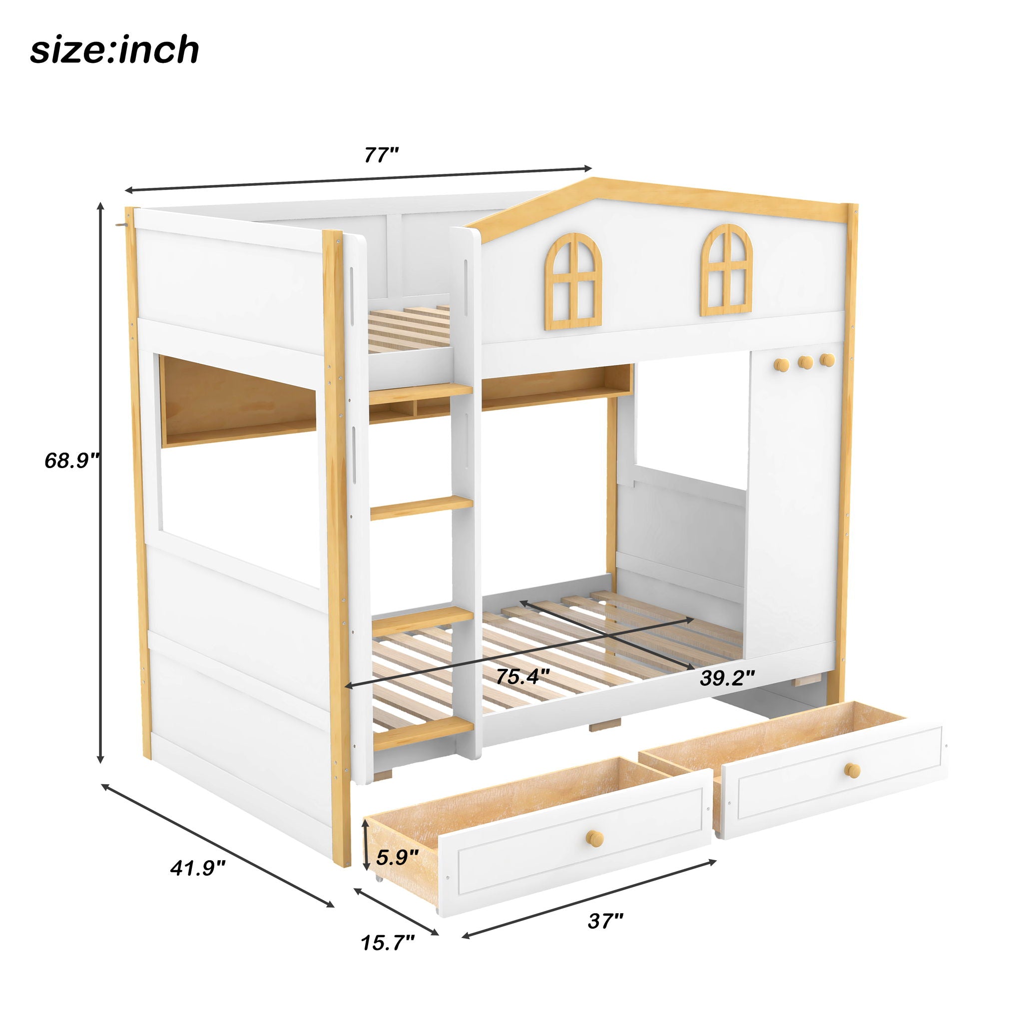 Twin Over Twin Bunk Bed With House Shaped Guardrails, Storage Shelves &amp; Drawers - White / Natural