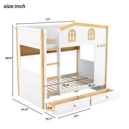 Twin Over Twin Bunk Bed With House Shaped Guardrails, Storage Shelves &amp; Drawers - White / Natural