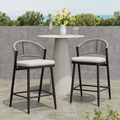 Outdoor 26&quot; Counter Height Metal Frame Counter Stools With Scallop Shaped Backrest &amp; Water Resistant Cushions