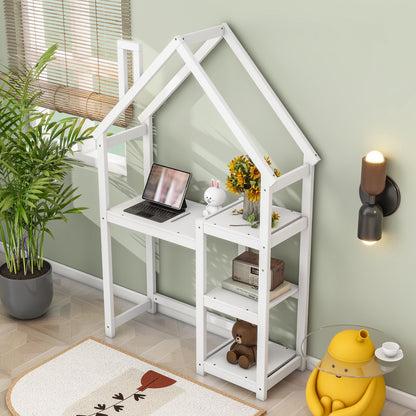 House-Shaped Wooden Writing Desk, Kids Study Table, Bookshelf &amp; Toy Storage