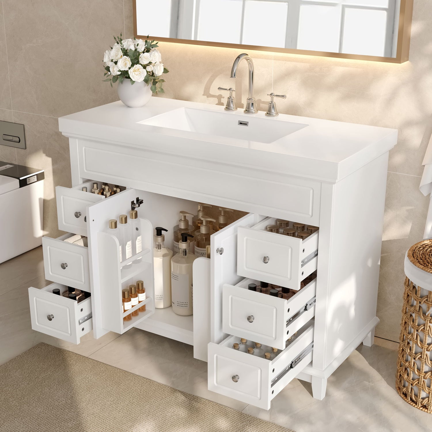 Bathroom Vanity With Sink, 6 Soft Close Drawers &amp; Double Doors - White