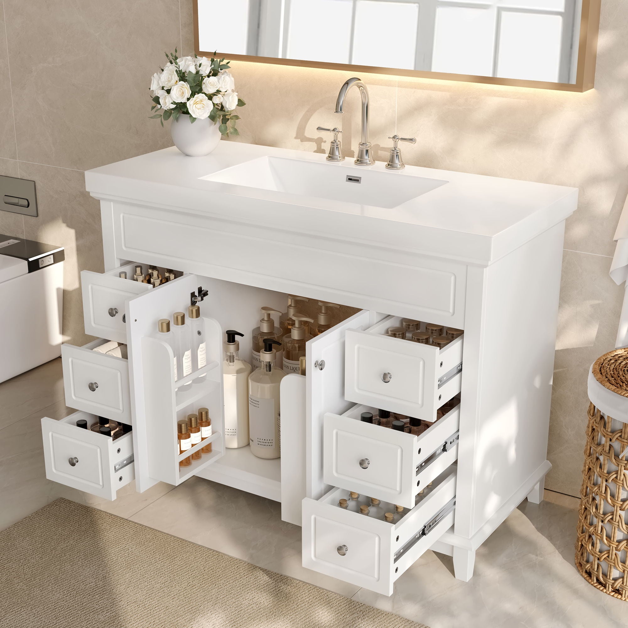 Bathroom Vanity With Sink, 6 Soft Close Drawers &amp; Double Doors - White