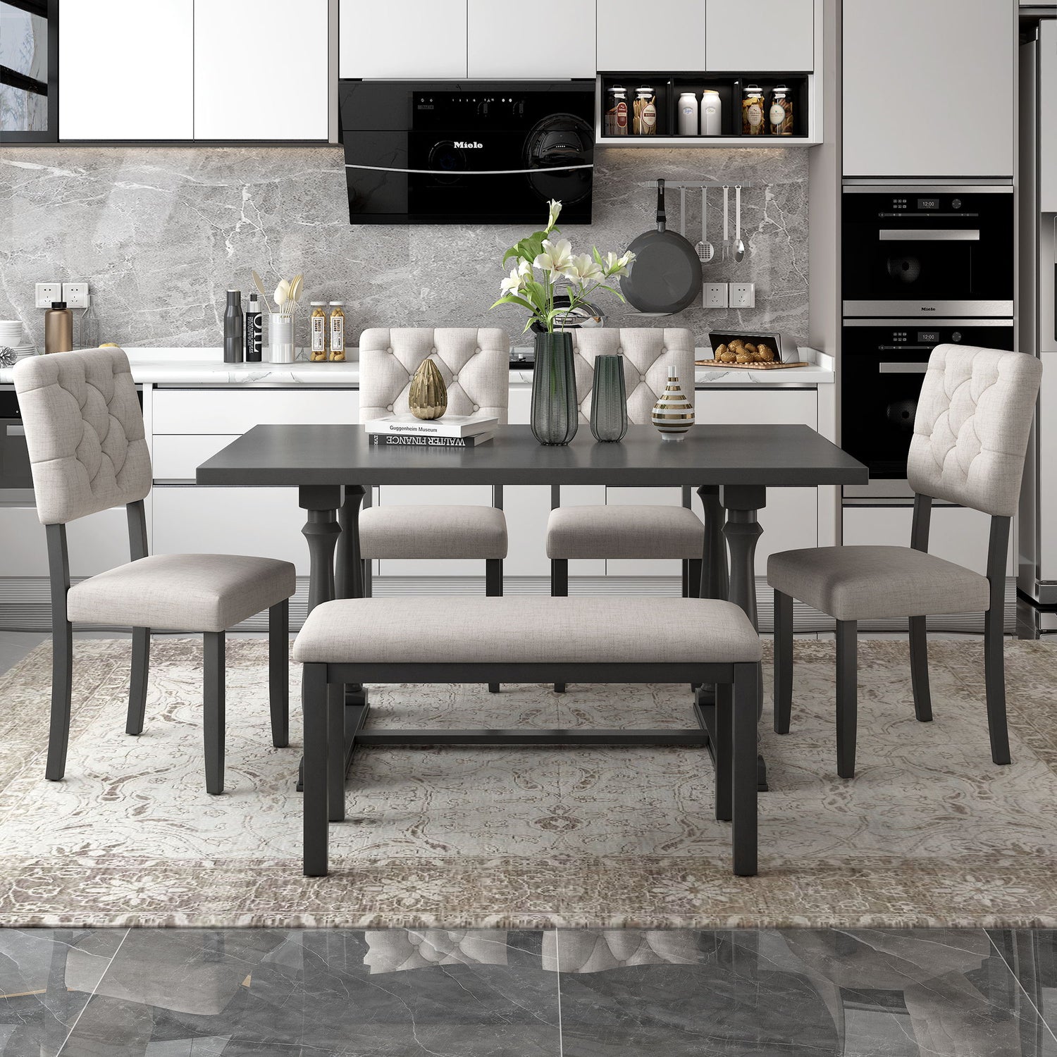 6 Piece Dining Table And Chair Set With Special-Shaped Legs And Foam-Covered Seat Backs&amp;Cushions For Dining Room