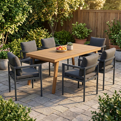 7 Piece Outdoor Patio Dining Set With Table &amp; Chairs With Cushions - Brown / Gray