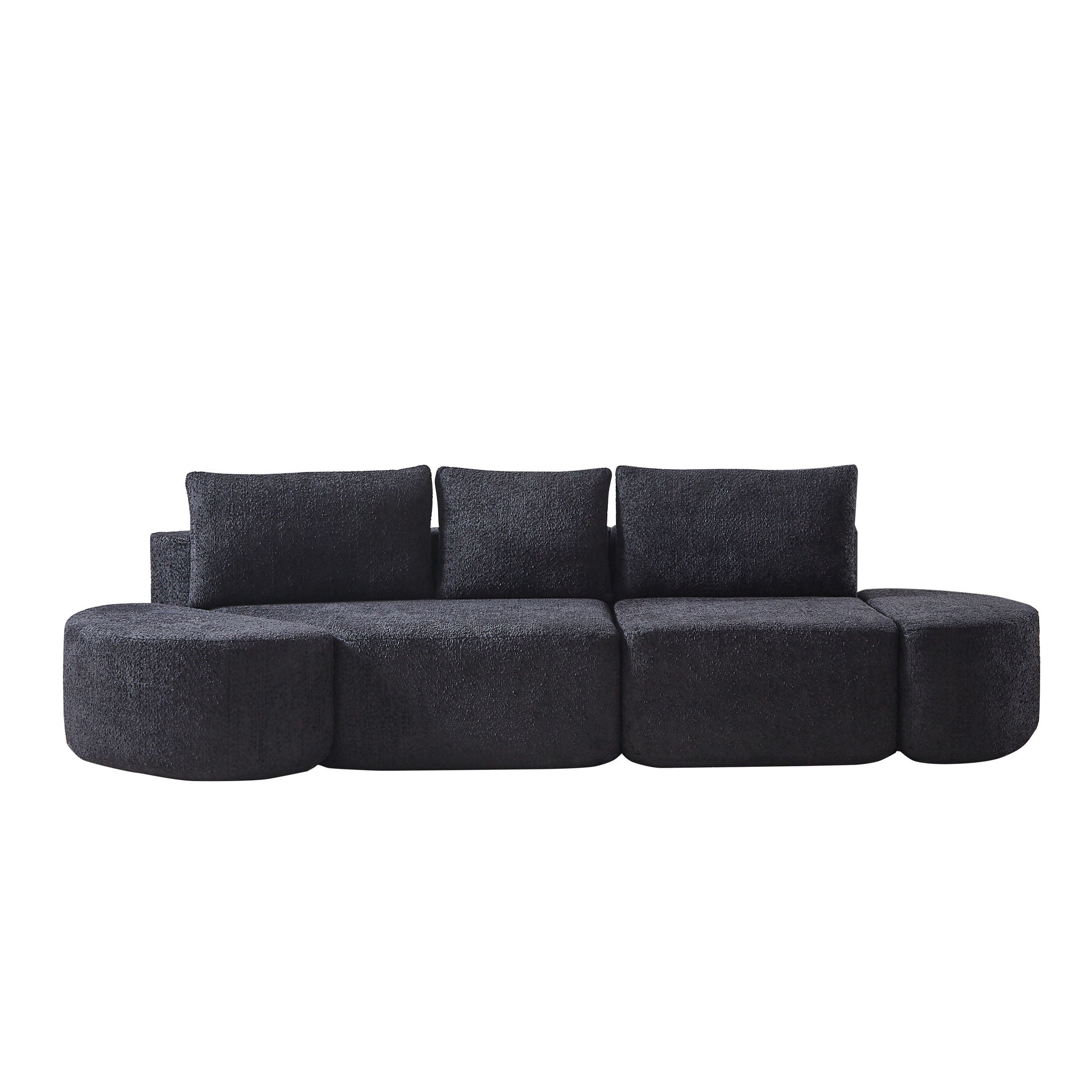 V - Shaped Modular Sofa Set &amp; 3 Pillows And 2 Curved Ottomans For Living Rooms - Black