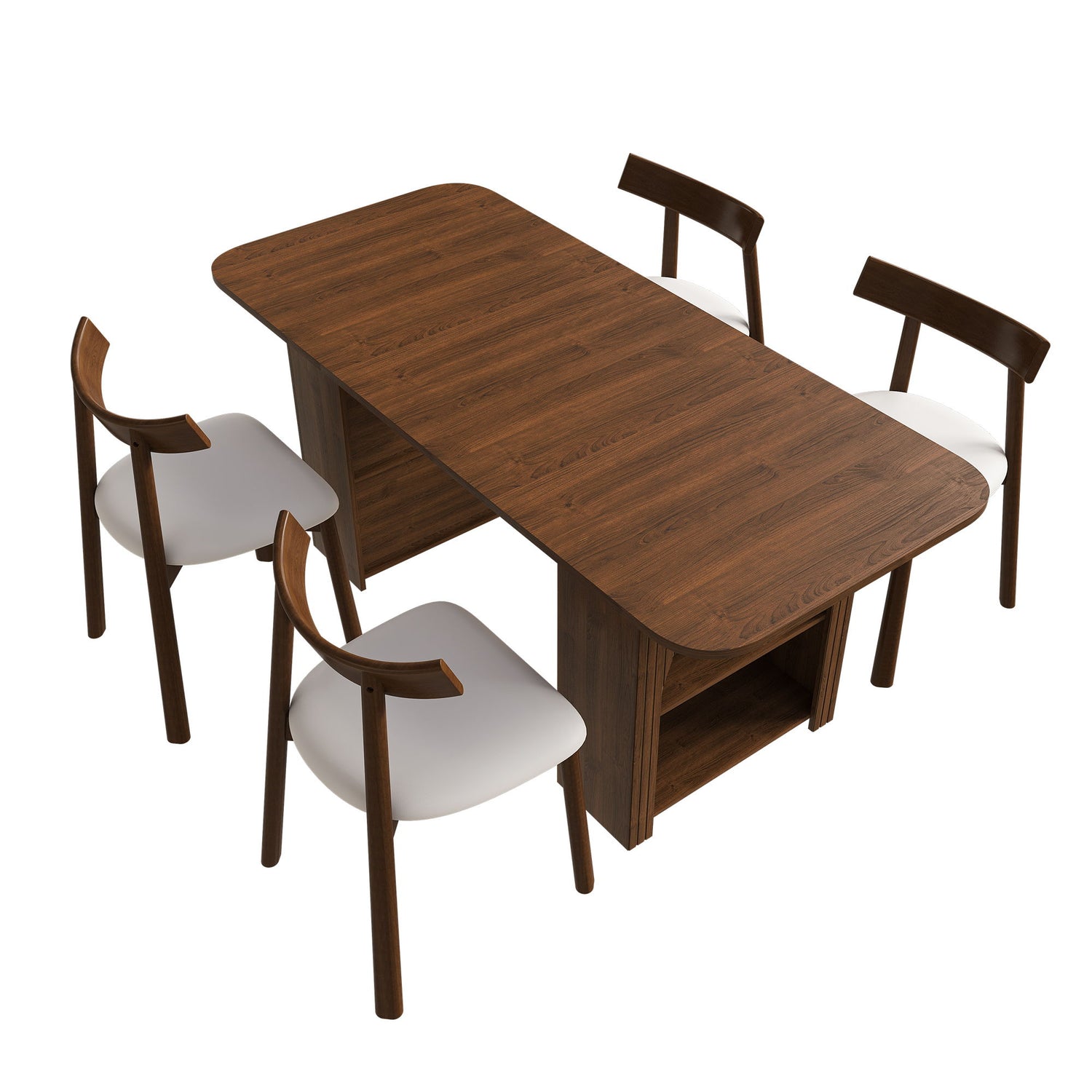 Dining Set With 4 Chairs, Table With Drawers &amp; Open Shelf - Walnut