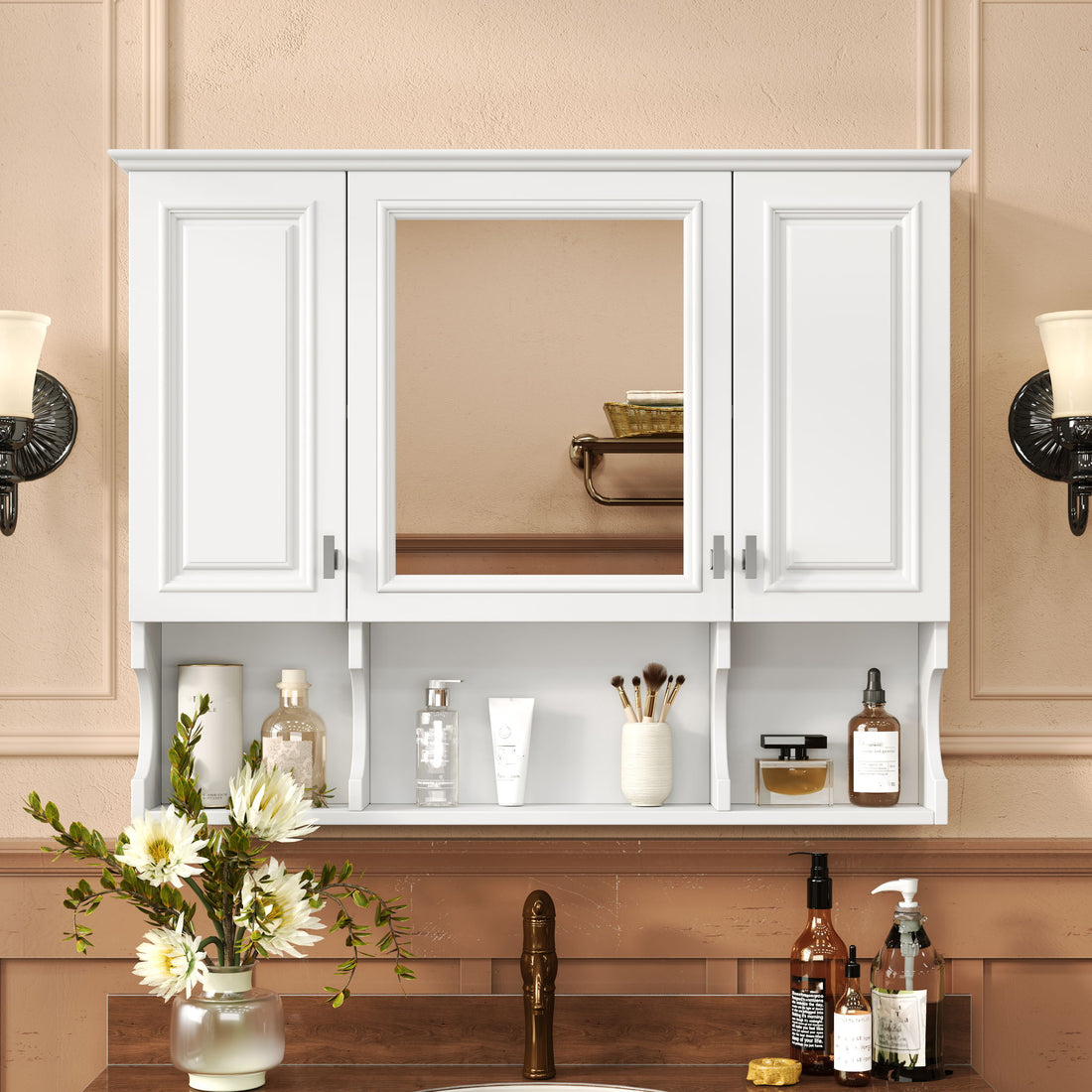 Wall Mounted Bathroom Medicine Wall Cabinet With Mirror &amp; Open Shelves