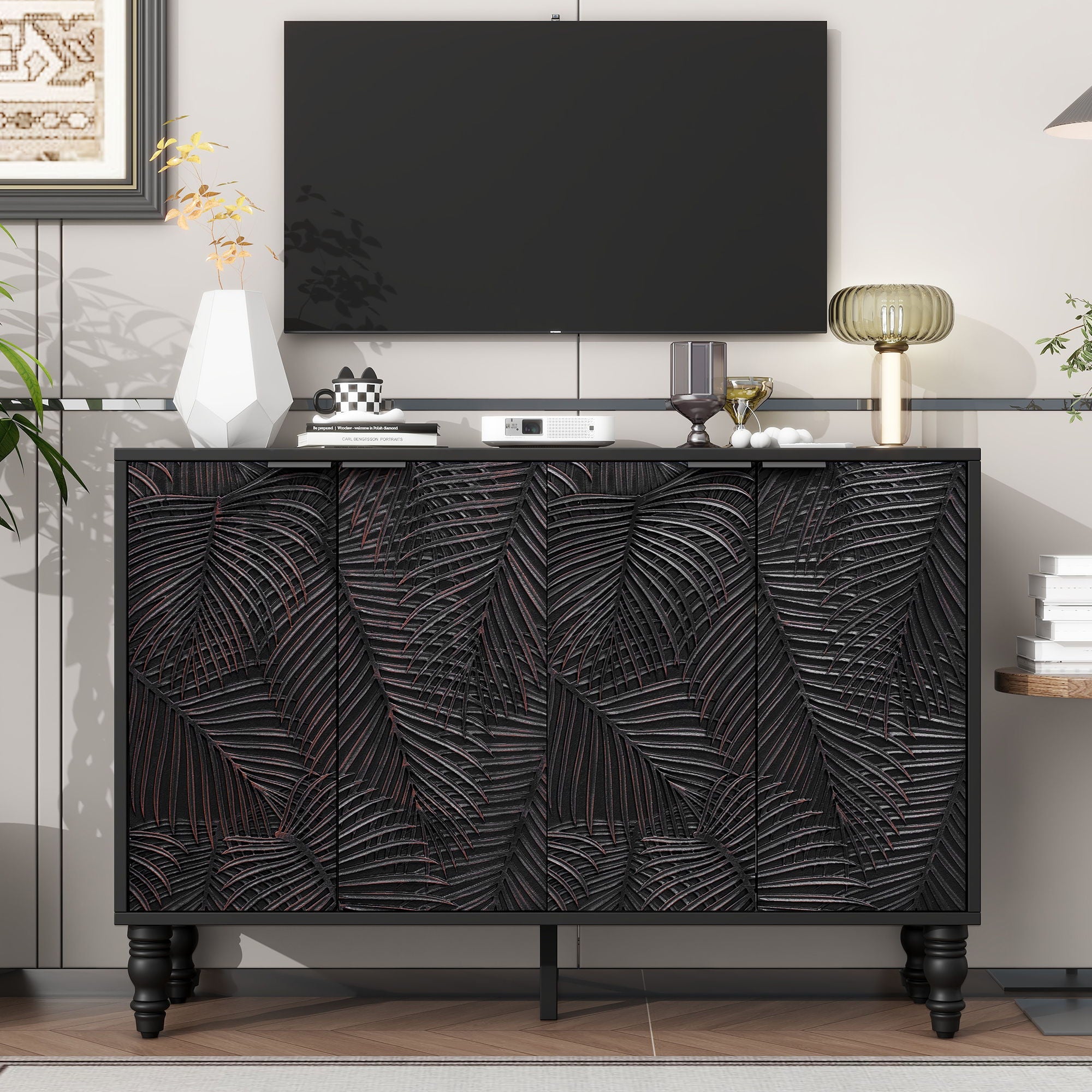 Modern TV Stand With 2 Spacious Storage Space And Anti-Tip Device