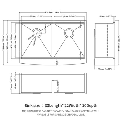 Farmhouse Double Bowl Workstation Kitchen Sink 33&quot; Stainless Steel 16 Gauge Apron Front, Finish - White