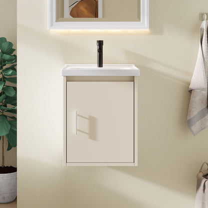 16" Floating Bathroom Vanity Combo, Wall Mounted Cabinet With Sink &amp; Soft Close Doors For Small Bathrooms - Khaki
