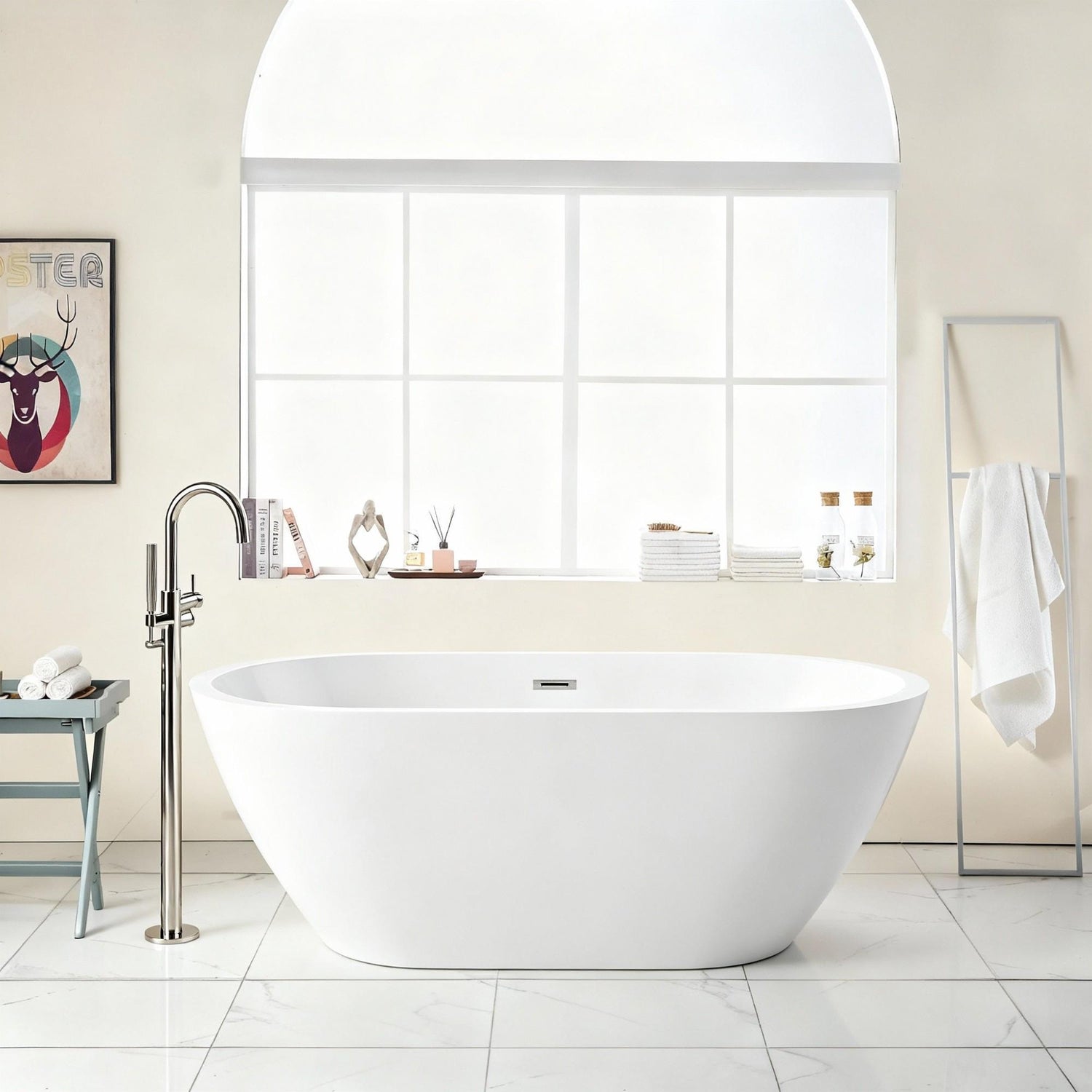 Elegant Oval Freestanding Bathtub, Overflow &amp; Pop Up Drain