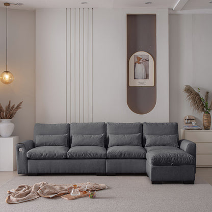 Modern Modular L Shaped Chenille Sofa Couch Reversible Ottoman With Storage Removable And Washable Cushions Sofa With USB Ports &amp; Cup Holder For Living Room