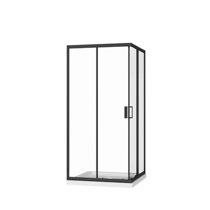 Corner Shower Enclosure, Double Sliding Door &amp; Shower Base - Matte Black