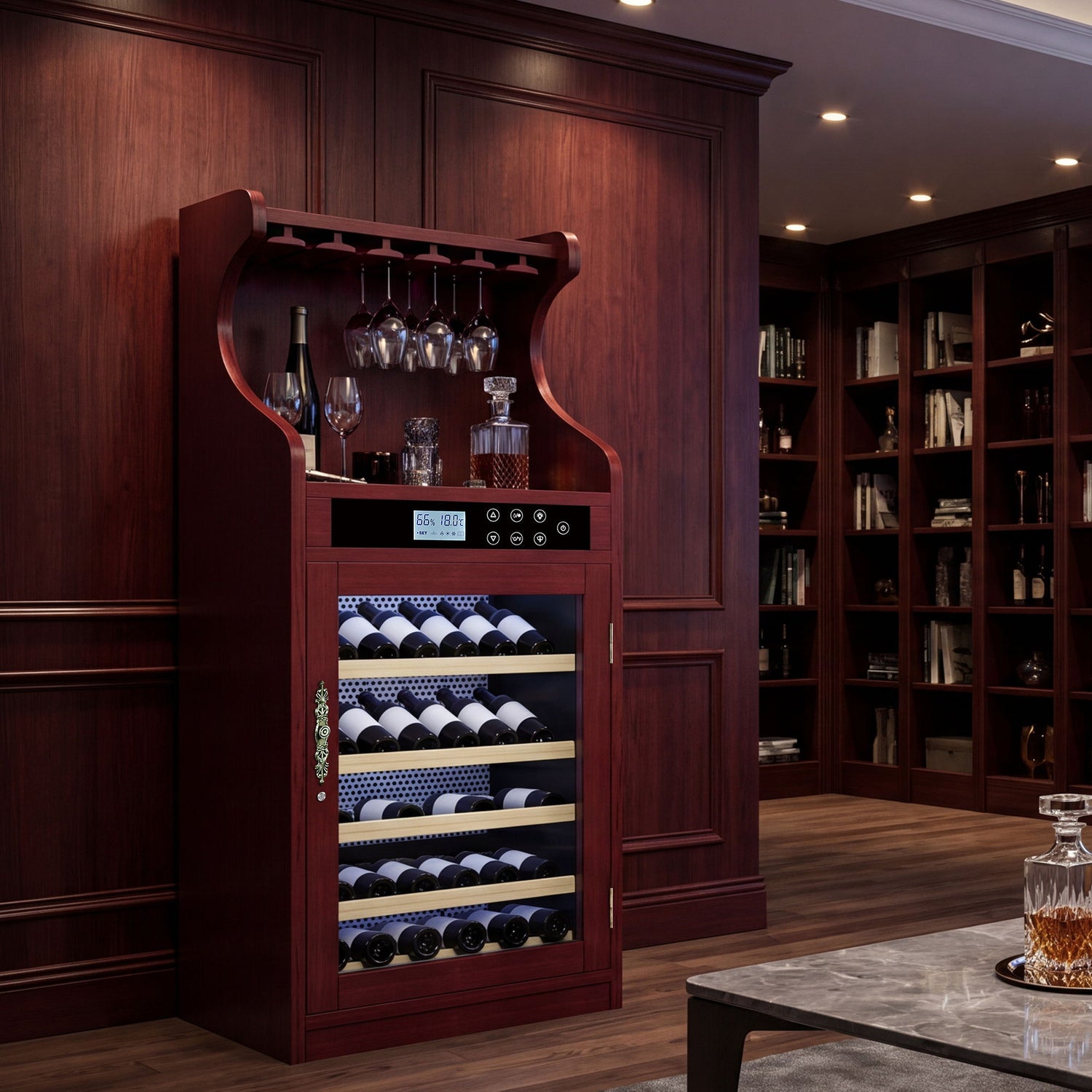 Wine Cooler Cabinet With Touch Control, 43 Bottle Capacity, Humidity &amp; Temperature Regulation - Cherry