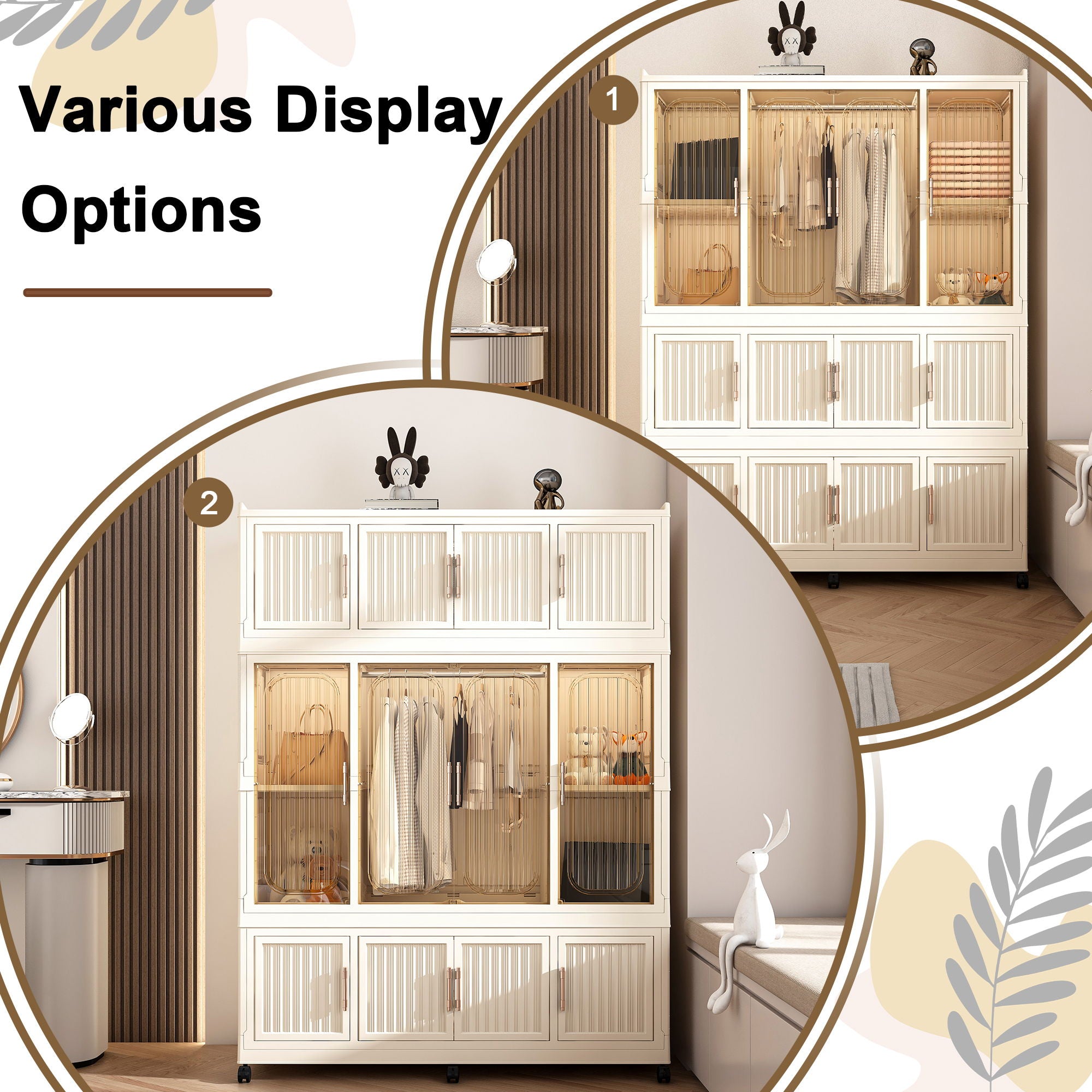 Portable Wardrobe Closet Storage Organizer With 12 Magnetic Doors, 12 Cubes &amp; Hanging Rod - White