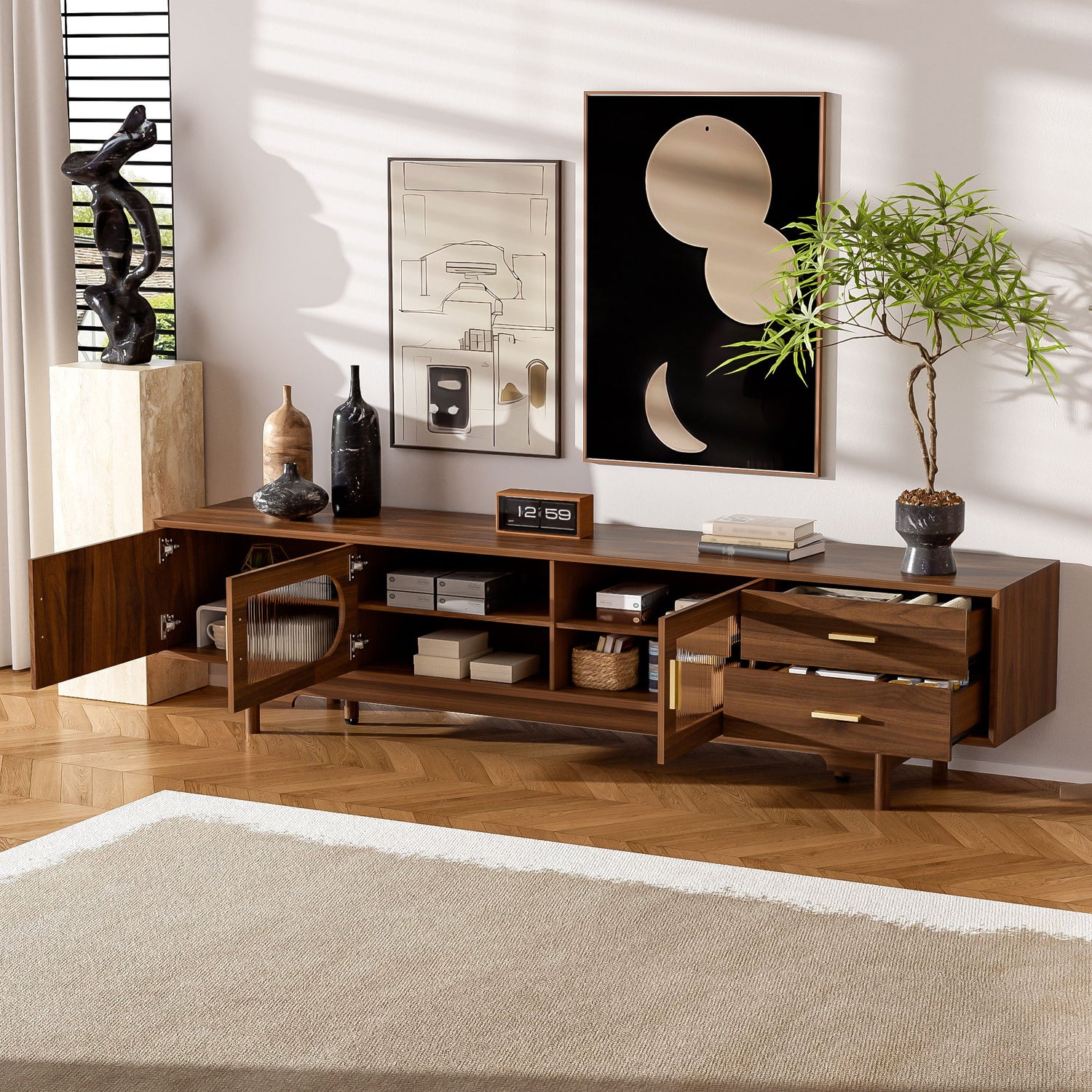 Modern TV Stand With Fluted Glass Doors &amp; 2 Drawers