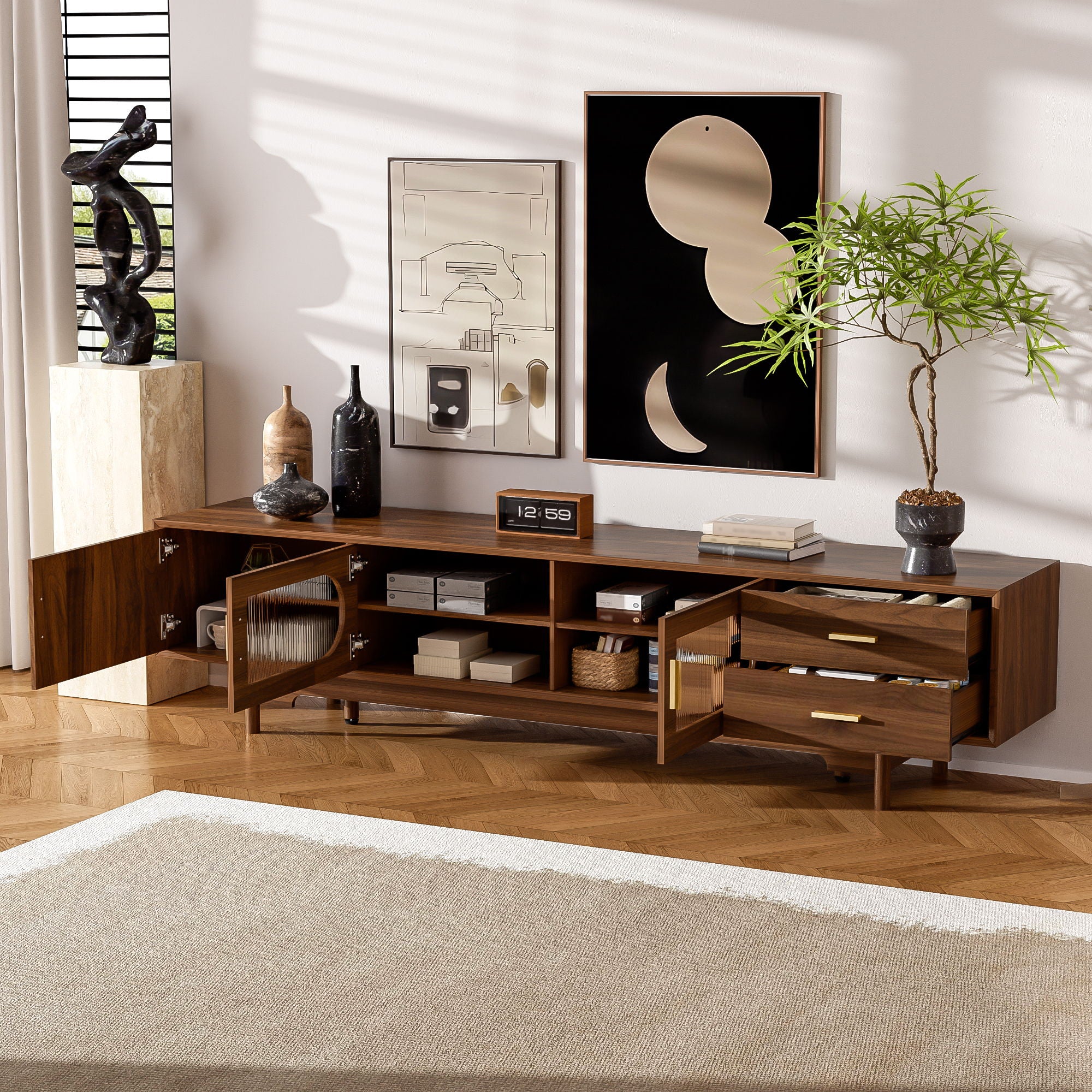 Modern TV Stand With Fluted Glass Doors &amp; 2 Drawers