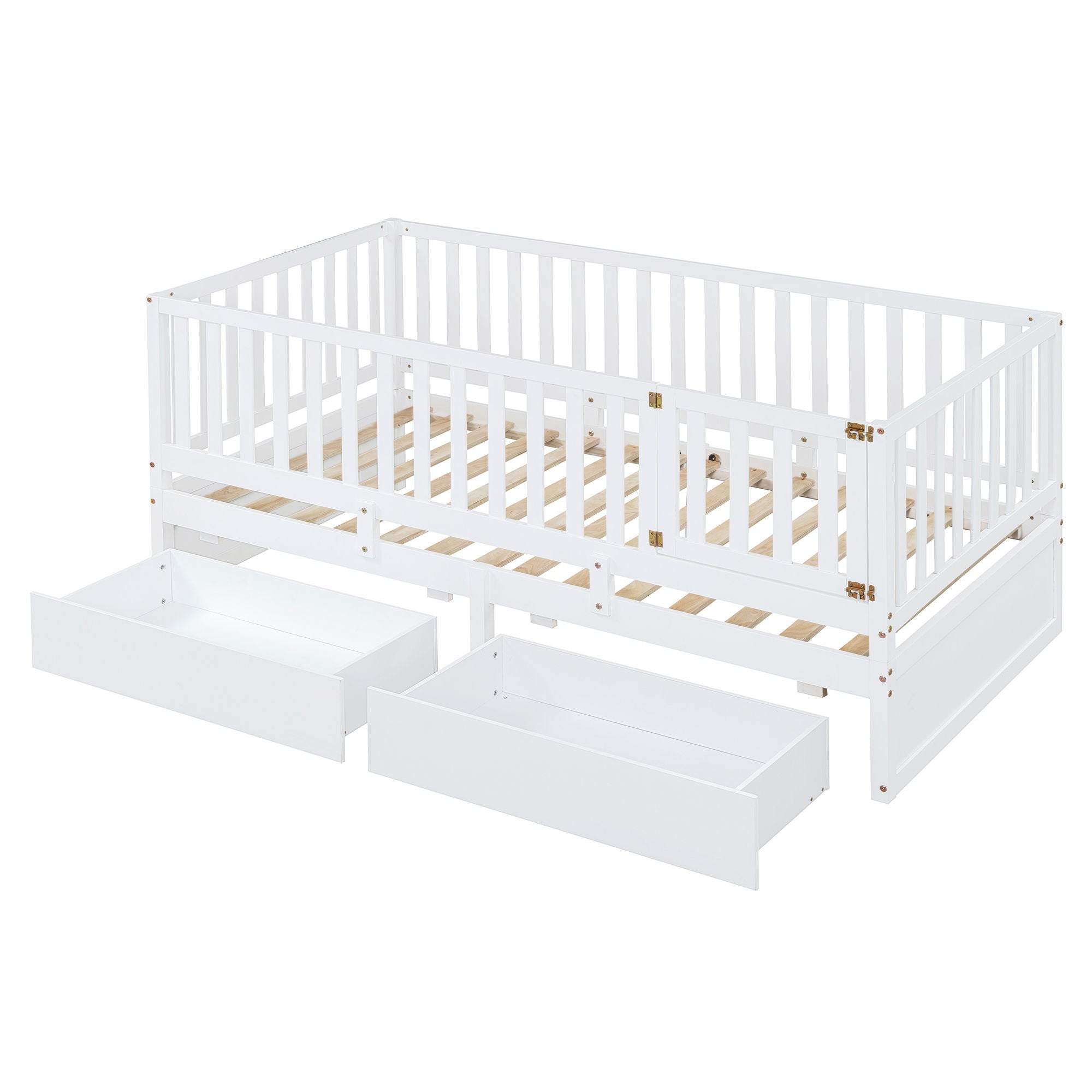 Daybed With Fence Guardrails And 2 Drawers, Split Into Independent Floor Bed &amp; Daybed