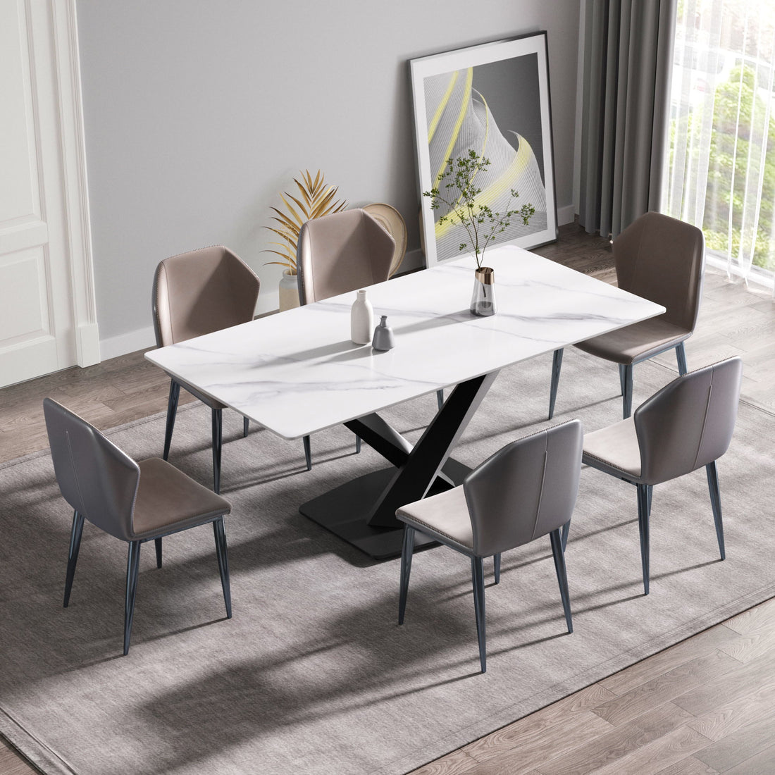 70.87&quot; Modern Artificial Stone White Straight Edge Black Metal Leg Dining Table, Can Accommodate 6-8 People - White