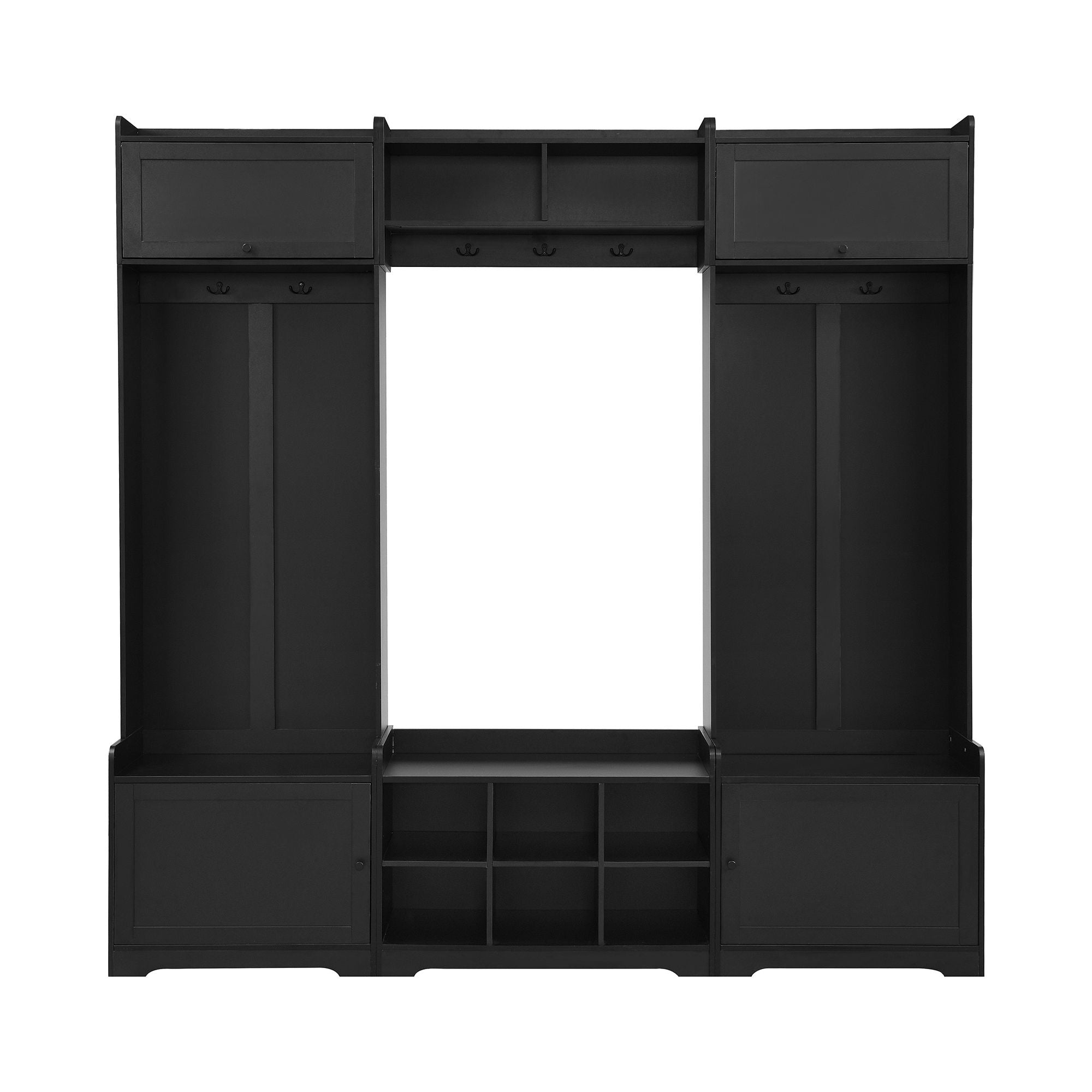 Wide Hall Tree With Shoe Storage, 4 In 1 Entryway Bench With 8 Cubbies, 7 Coat Hooks &amp; Adjustable Shelf For Hallway - Black