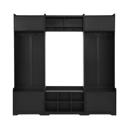 Wide Hall Tree With Shoe Storage, 4 In 1 Entryway Bench With 8 Cubbies, 7 Coat Hooks &amp; Adjustable Shelf For Hallway - Black