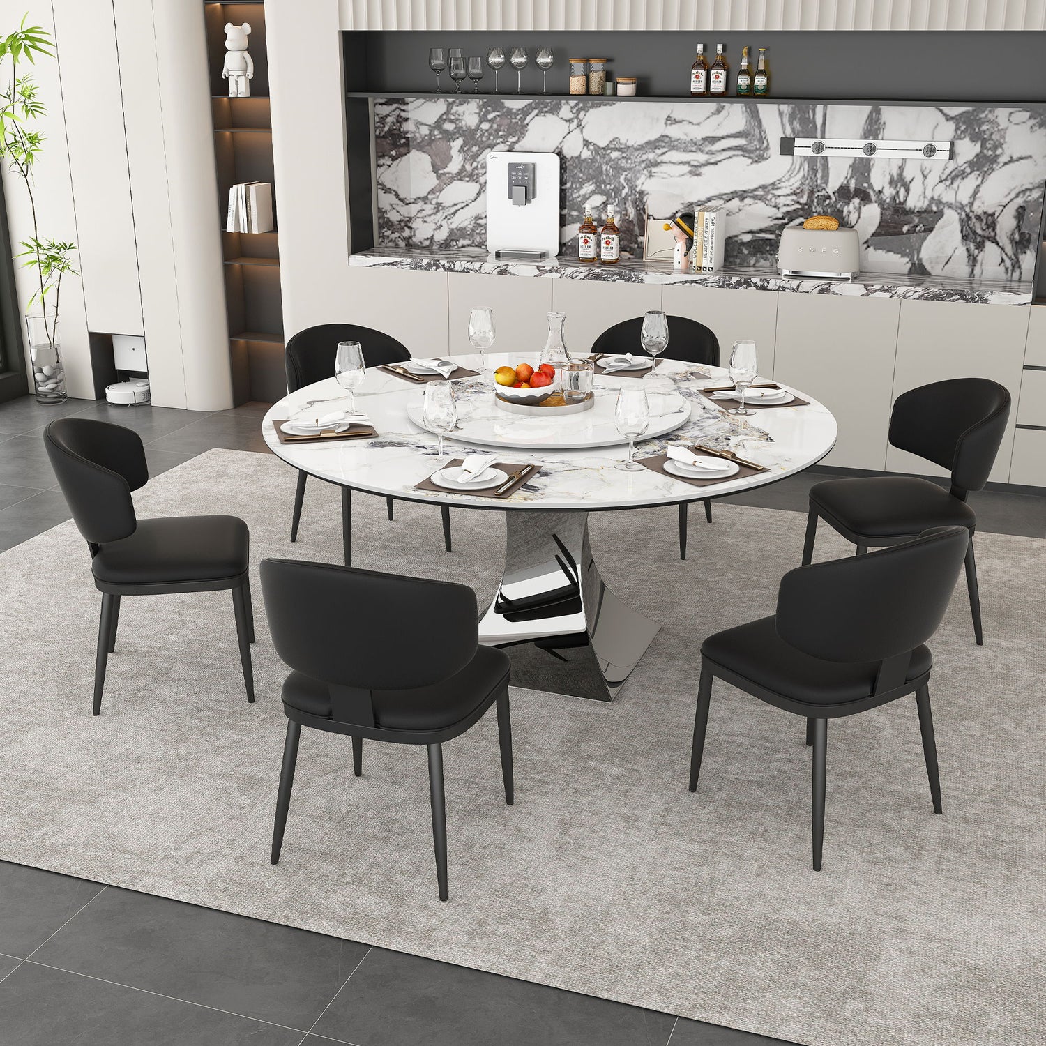 Round Dining Table &amp; 6 Chairs Set - Silver