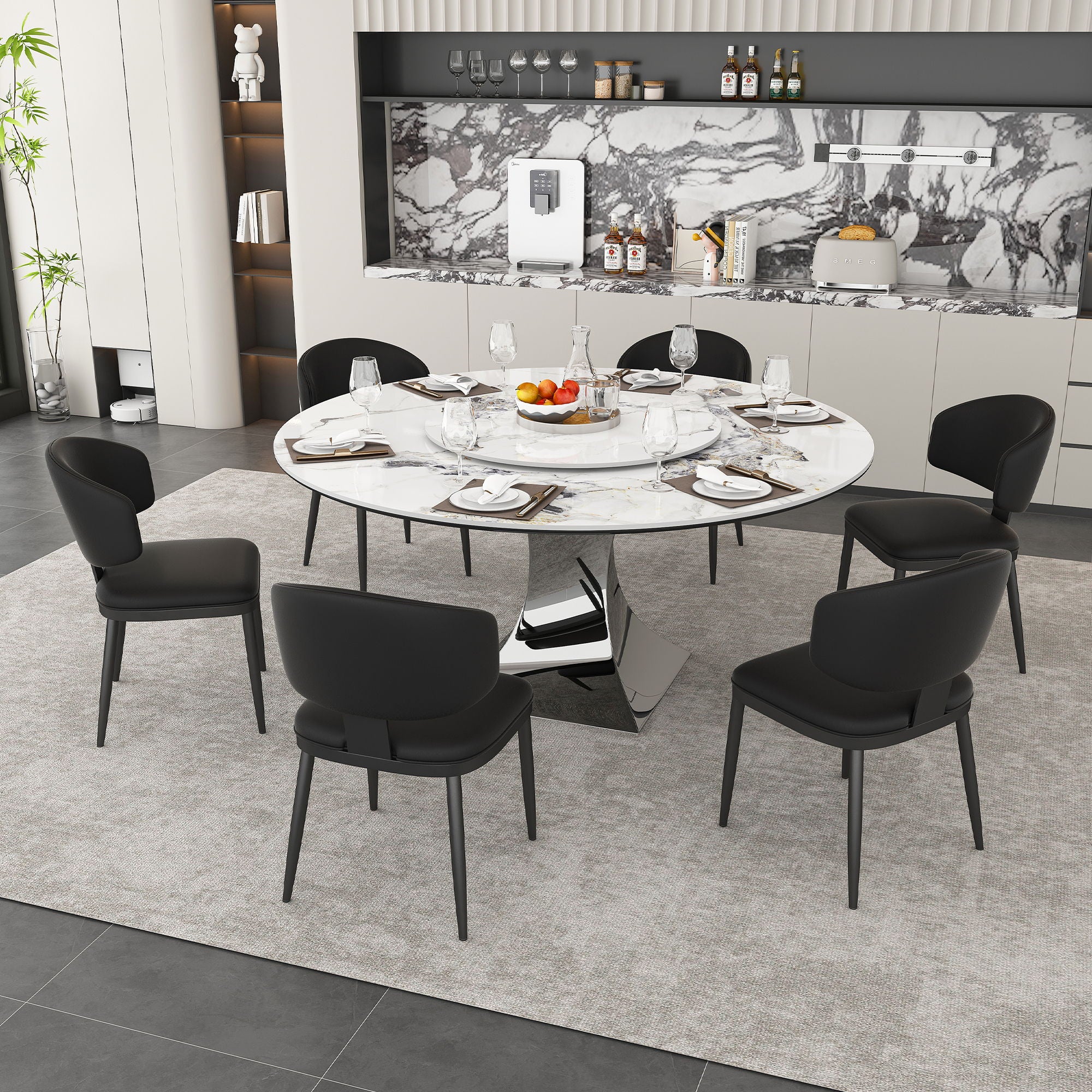 Round Dining Table &amp; 6 Chairs Set - Silver