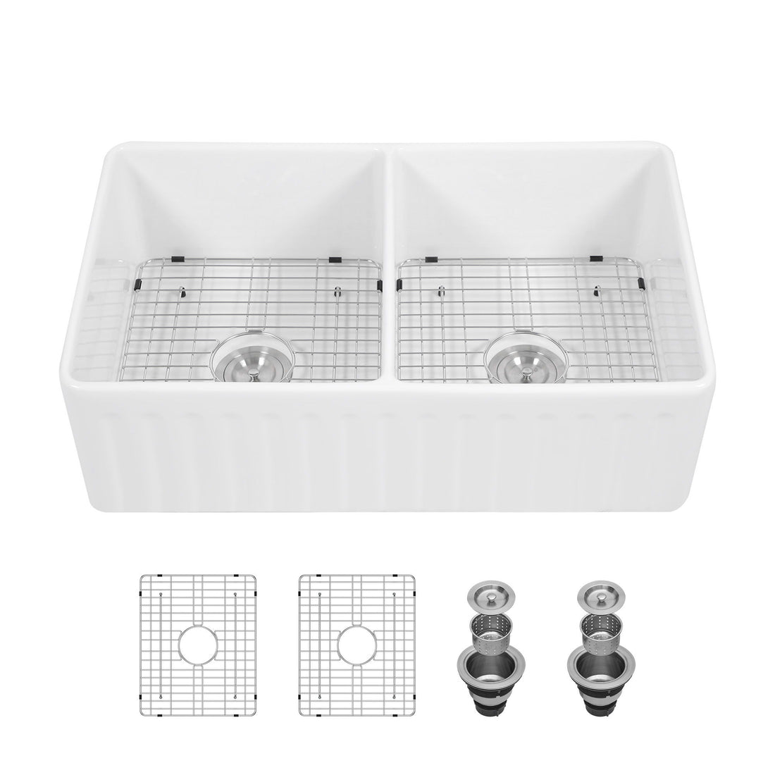 Sink 33&quot; Double Bowl Kitchen Sink With Deep Bowls And Grids - White